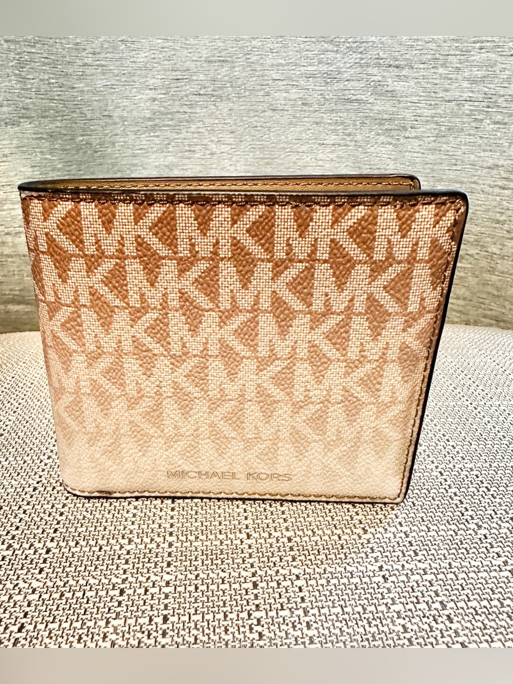 Michael Kors Beige and Cream MK Logo Bi-Fold Card Holder
